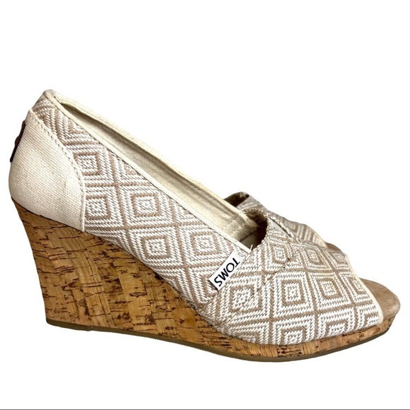 Toms Stella Beige Diamond Print Peep Toe Wedge Cork Heels - Picture 4 of 16